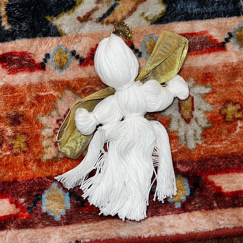 ⭐️Vintage White Woven Angel Ornament with Gold Tassel and Bow
